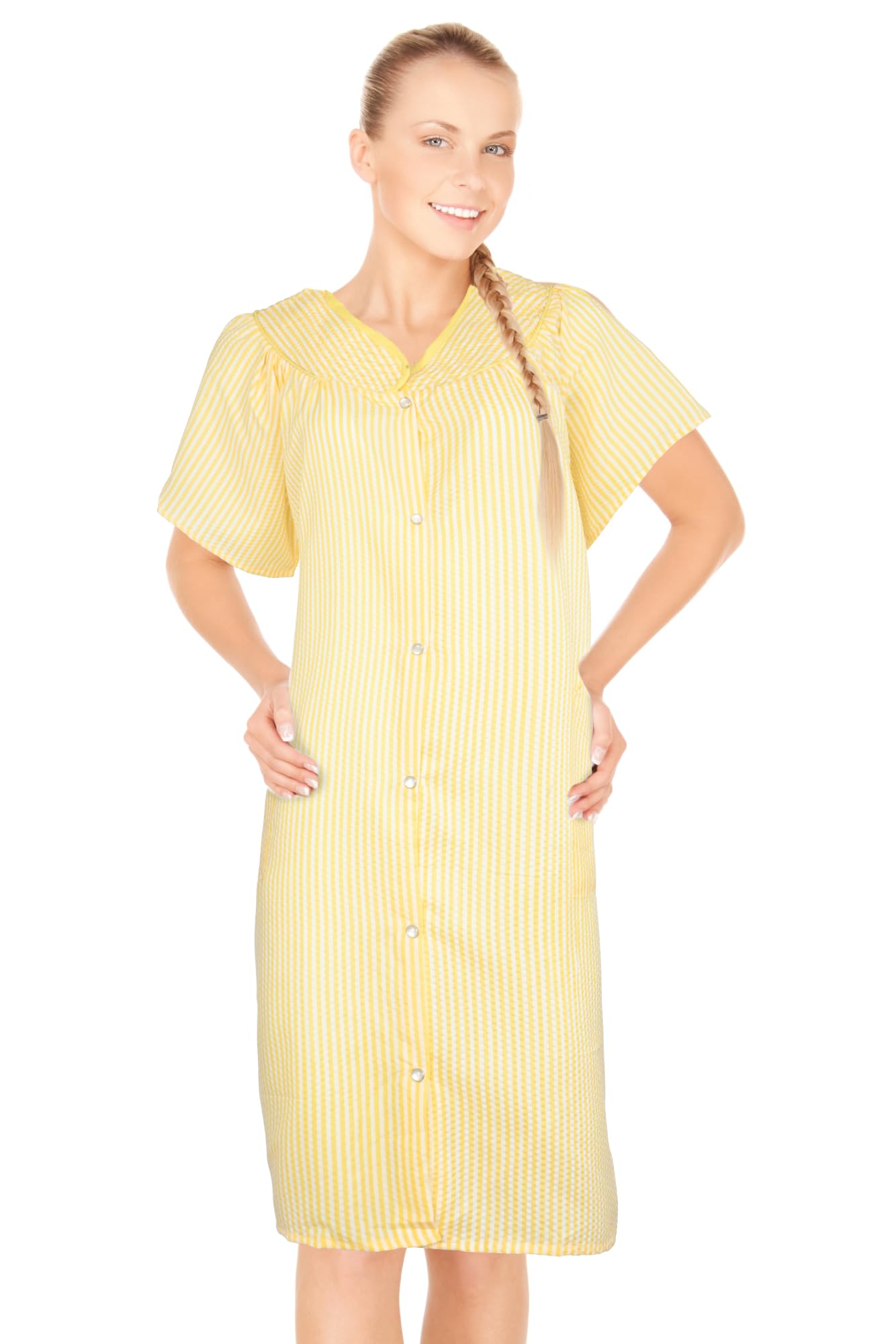 JEFFRICO House Dresses for Women with Pockets - Lightweight Breathable Short Sleeve Muumuu \u0026 Nightgowns - Snap Front Housecoat and Dusters for Women
